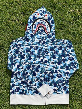 BAPE Shark Full Zip Hoodie Blue Camo Shark Face A Bathing Ape Streetwear Y2K